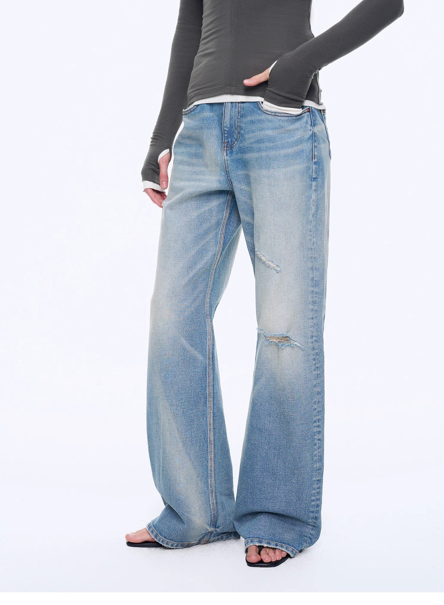 "West City Rhythm" Handmade Whisker Washed Flared Jeans Spring - variant_title