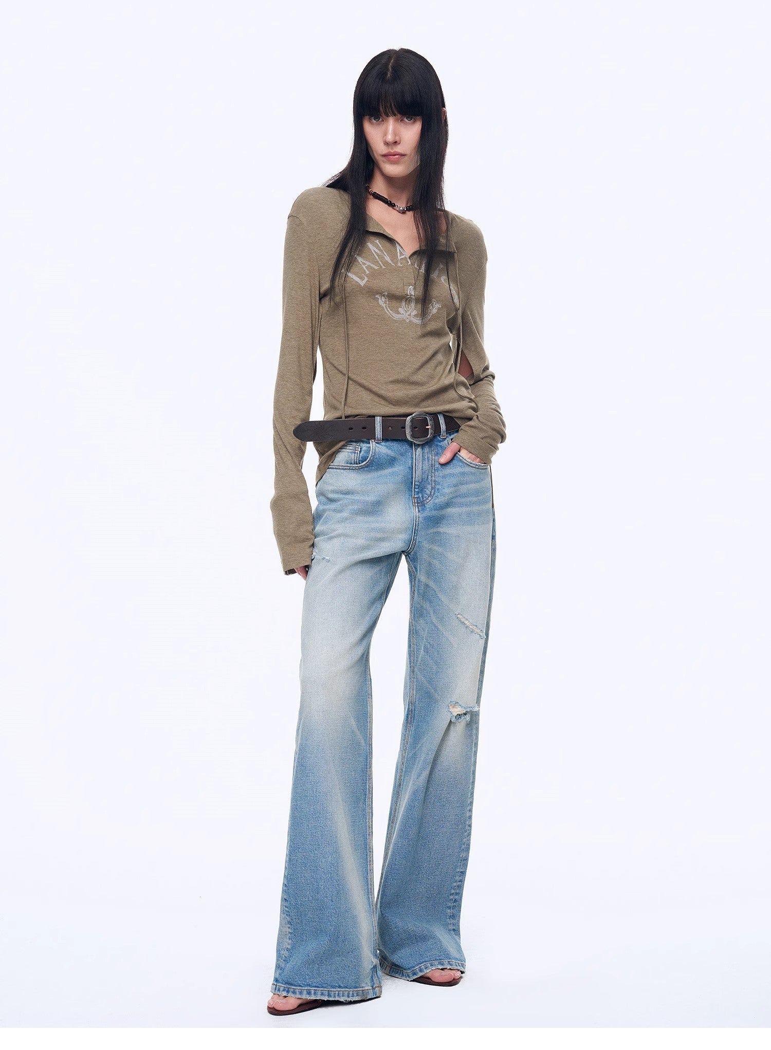 "West City Rhythm" Handmade Whisker Washed Flared Jeans Spring - variant_title