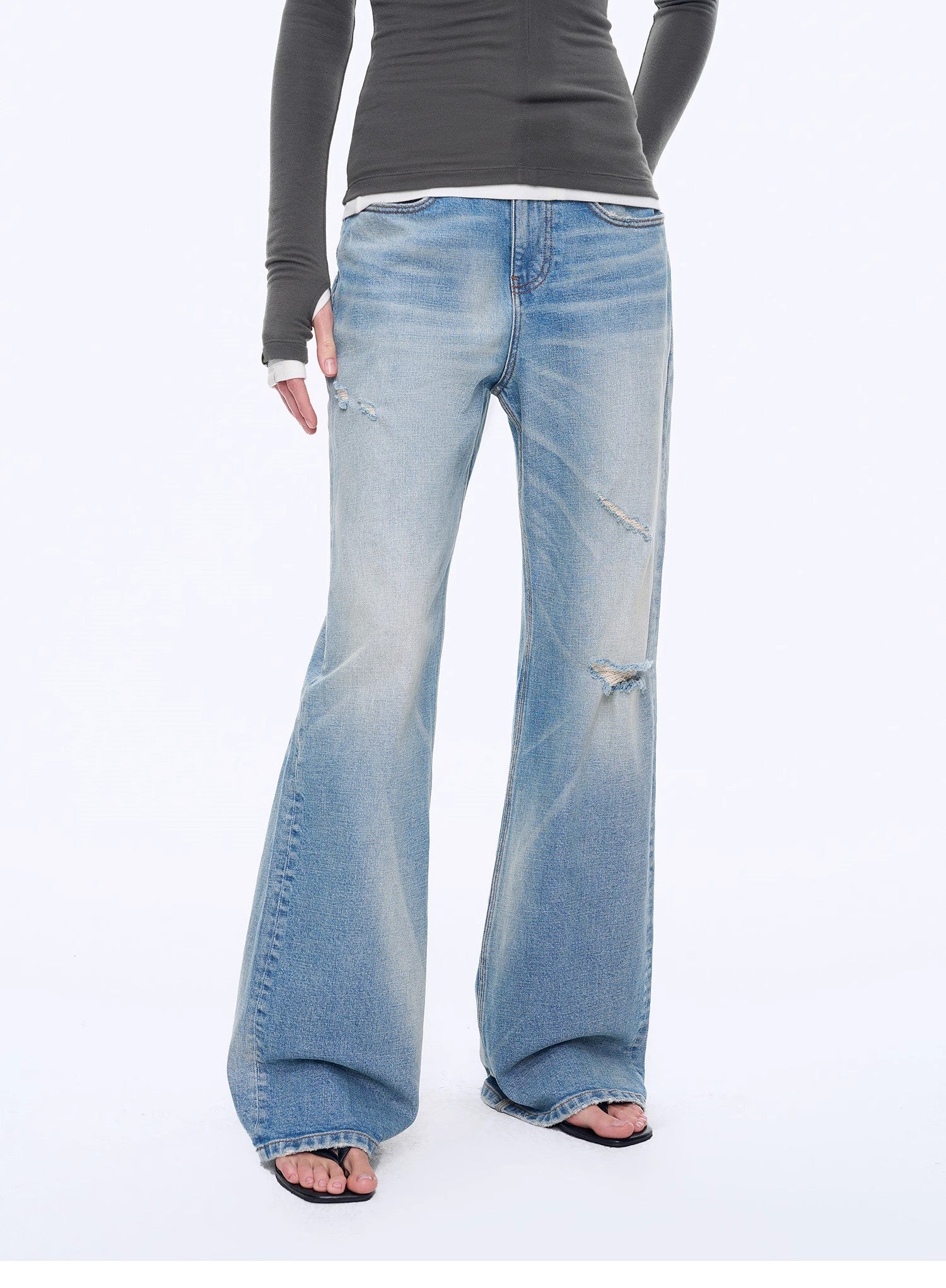 "West City Rhythm" Handmade Whisker Washed Flared Jeans Spring - variant_title