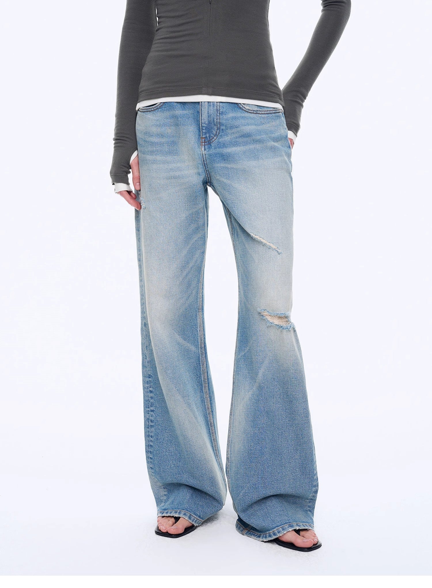 "West City Rhythm" Handmade Whisker Washed Flared Jeans Spring - variant_title