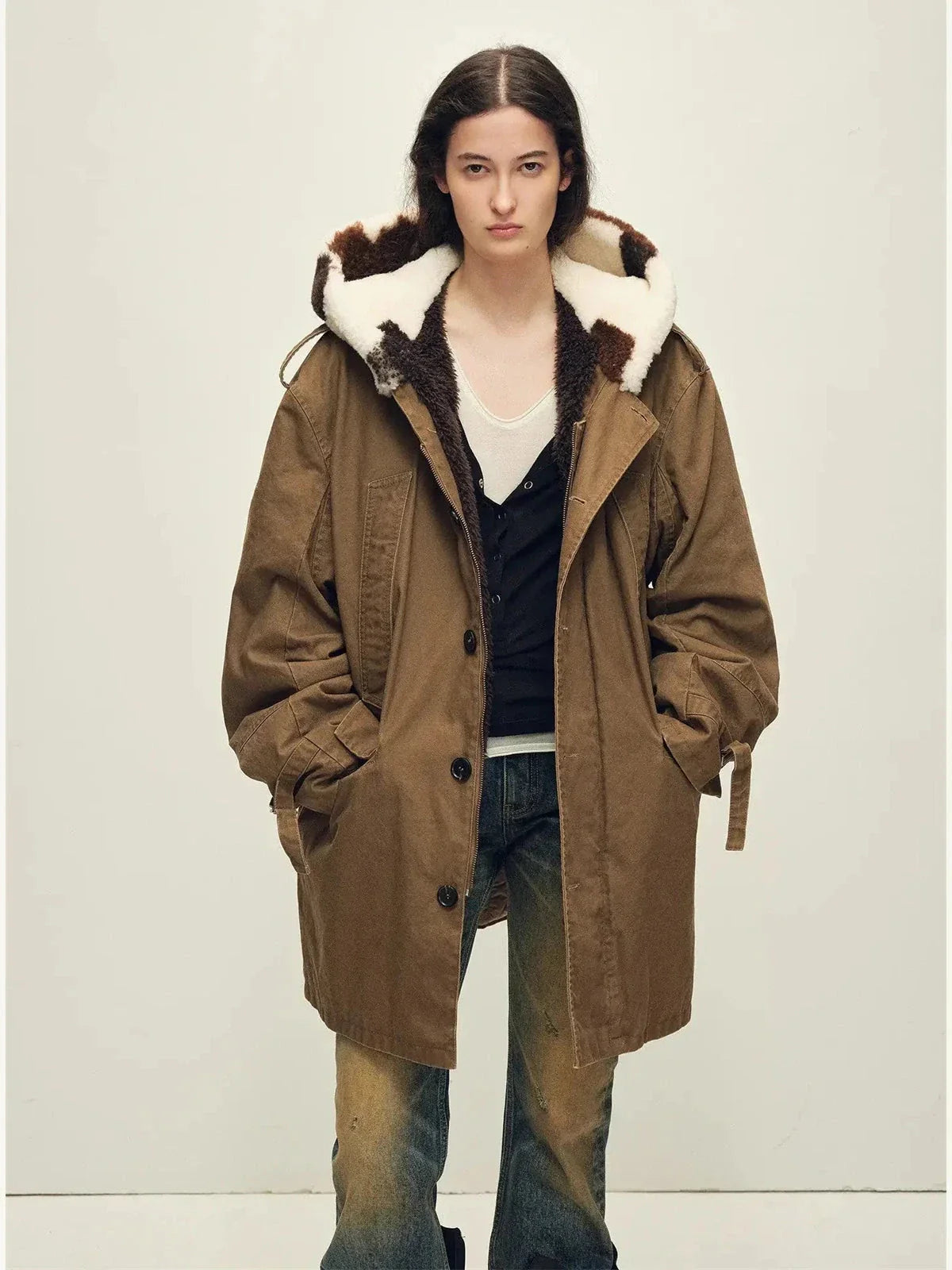 Fireladyfur Wild Heartbeat autumn birch coffee merino sheepskin parka front view
