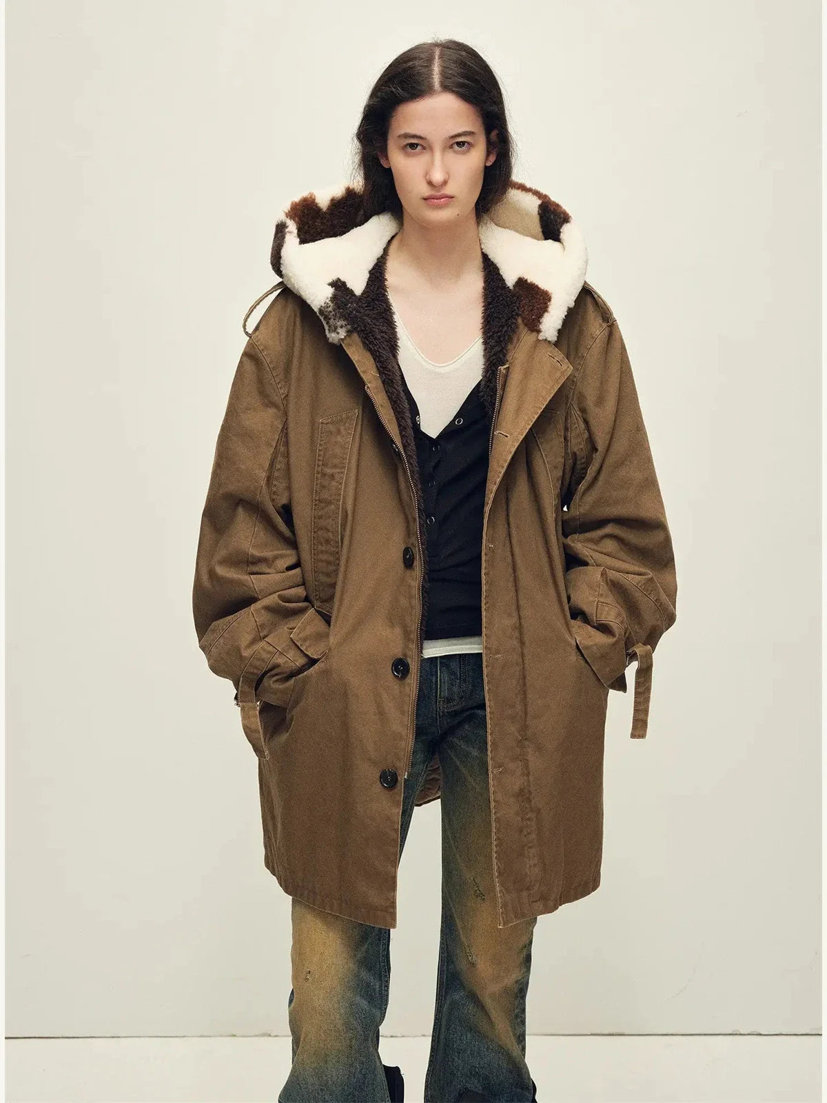 Firelady Wild Heartbeat autumn birch coffee merino sheepskin parka front view