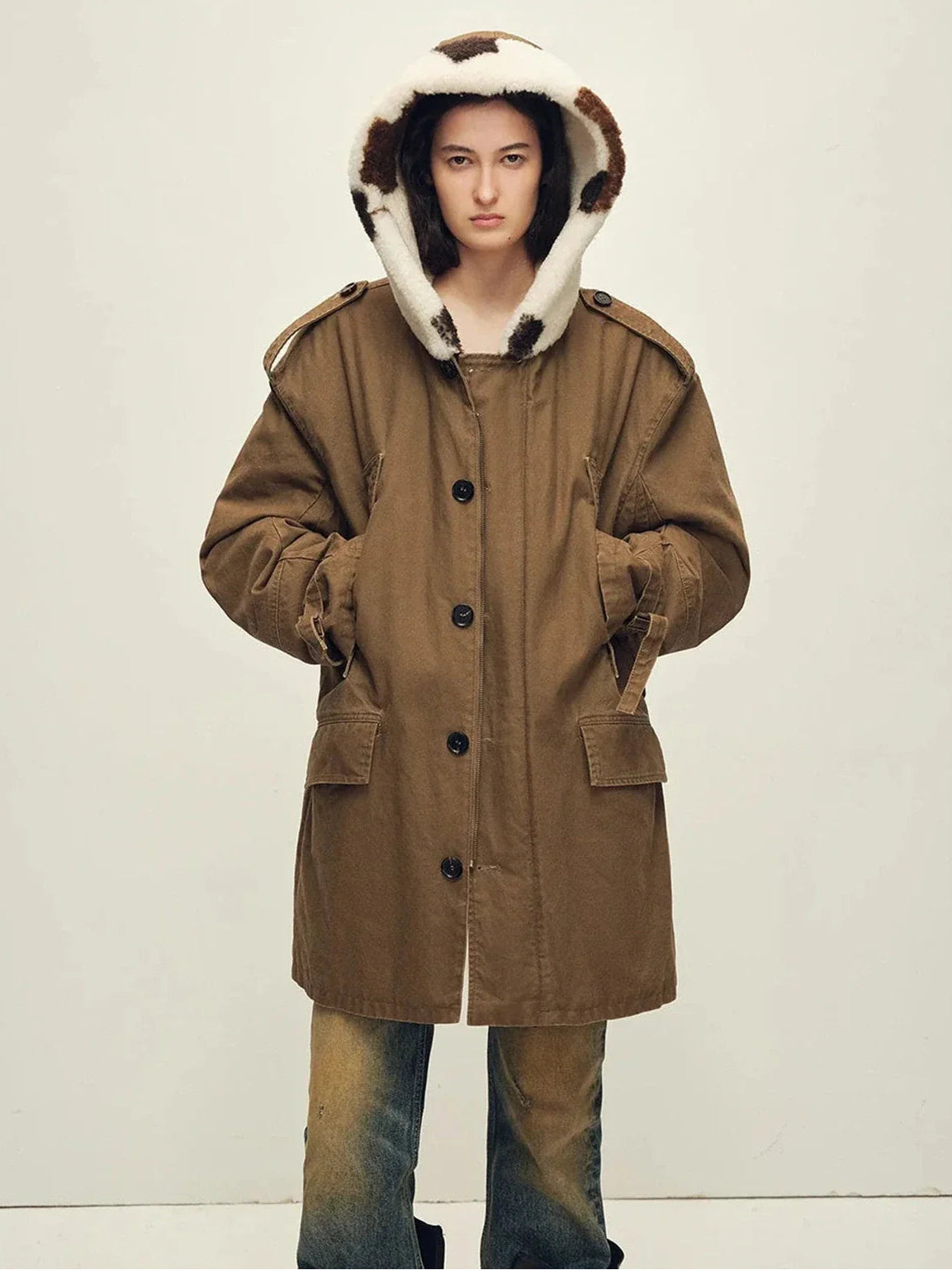 Fireladyfur Wild Heartbeat green rice white merino sheepskin parka front cutout