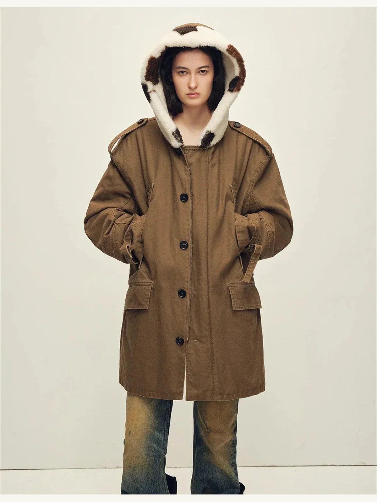 Fireladyfur Wild Heartbeat green rice white merino sheepskin parka front cutout