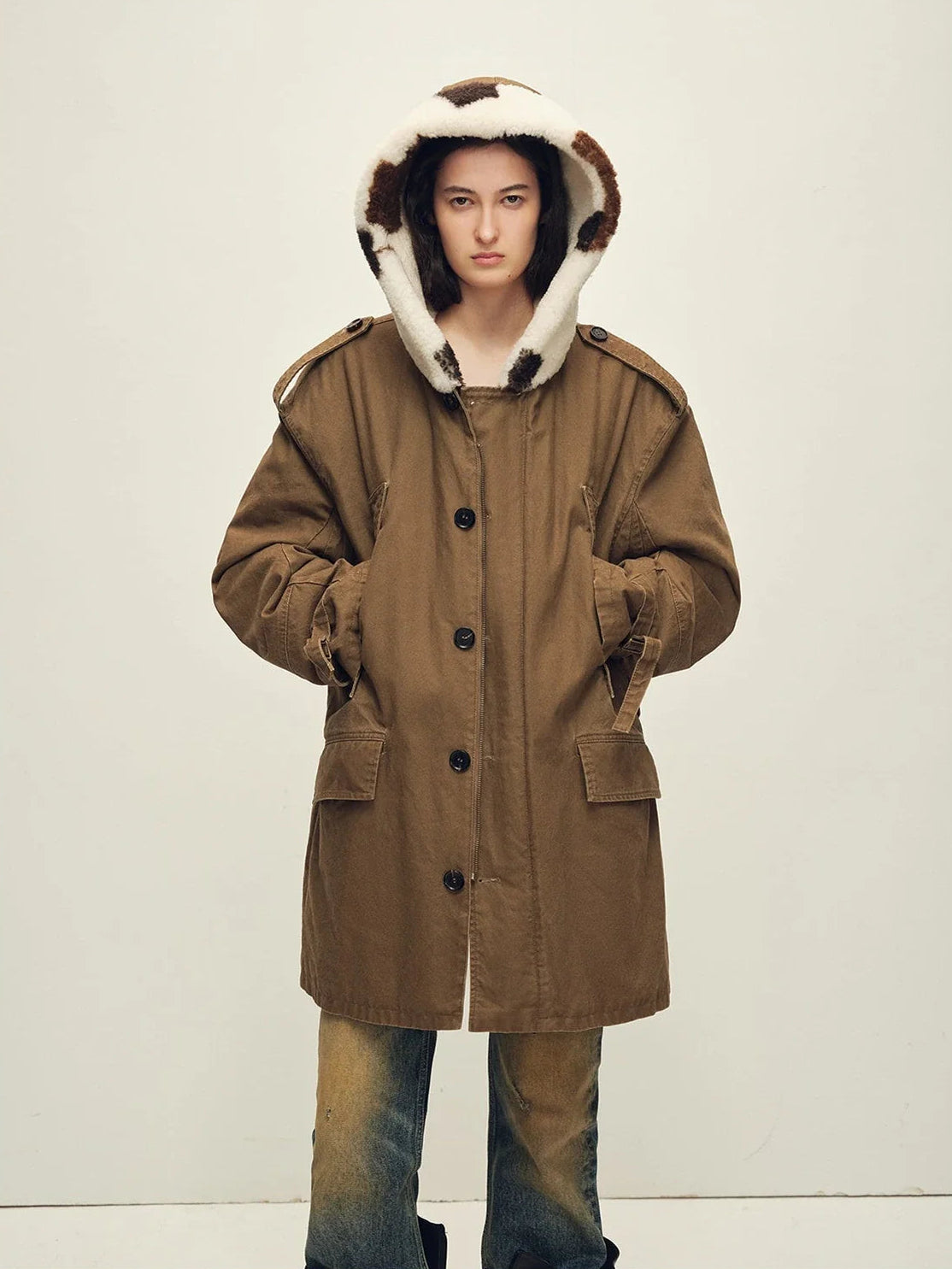 Firelady Wild Heartbeat green rice white merino sheepskin parka front cutout