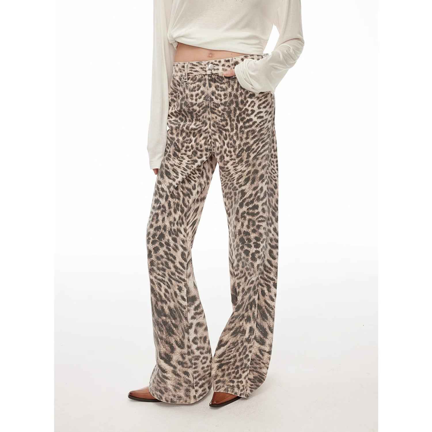 “Wild roar”vintage original leopard print Turkish imported washed slimming straight - leg bootcut jeans - variant_title