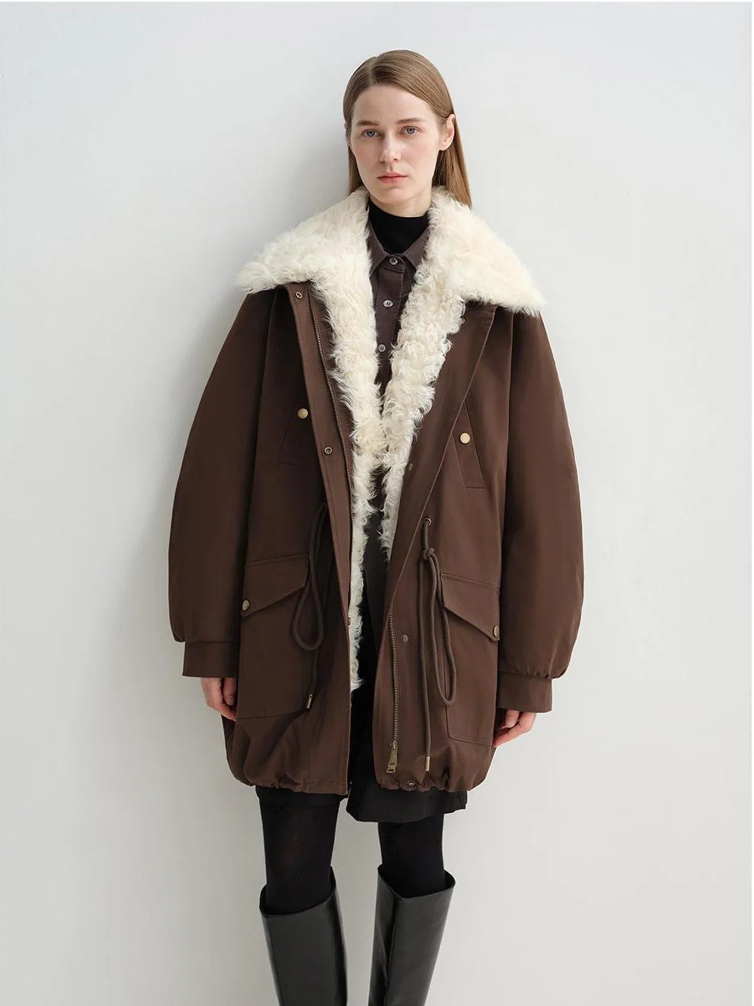 Coffee Letrans Wilderness Poem women's down parka with detachable wool collar full body model view