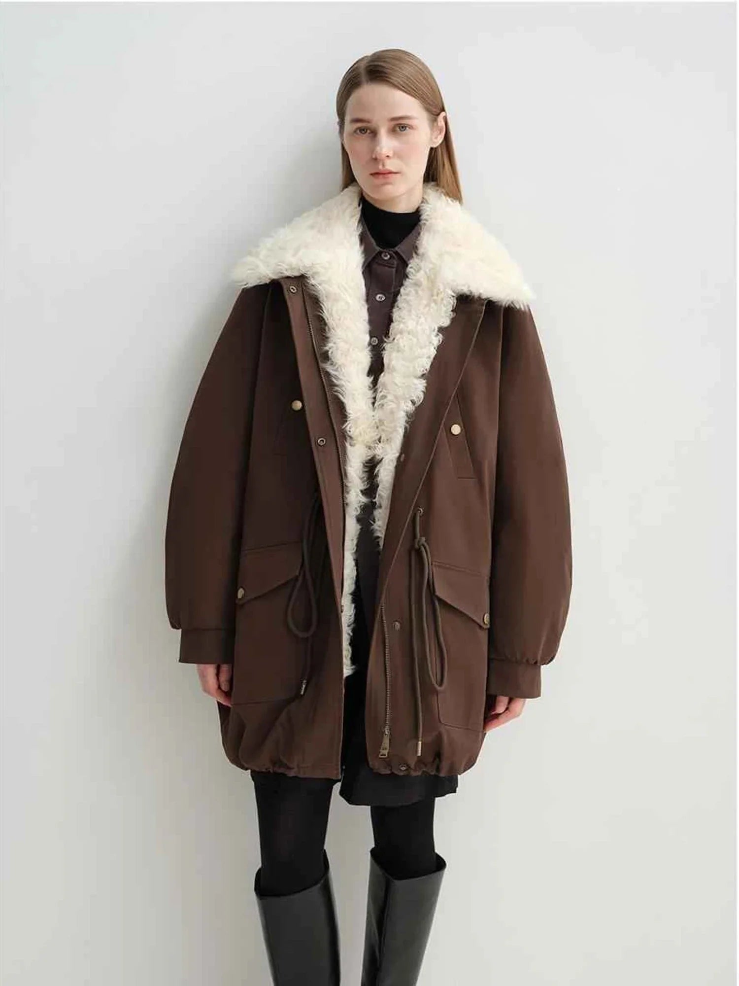 Coffee Letrans Wilderness Poem women's down parka with detachable wool collar styling detail