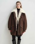 Coffee Letrans Wilderness Poem women's down parka with detachable wool collar styling detail