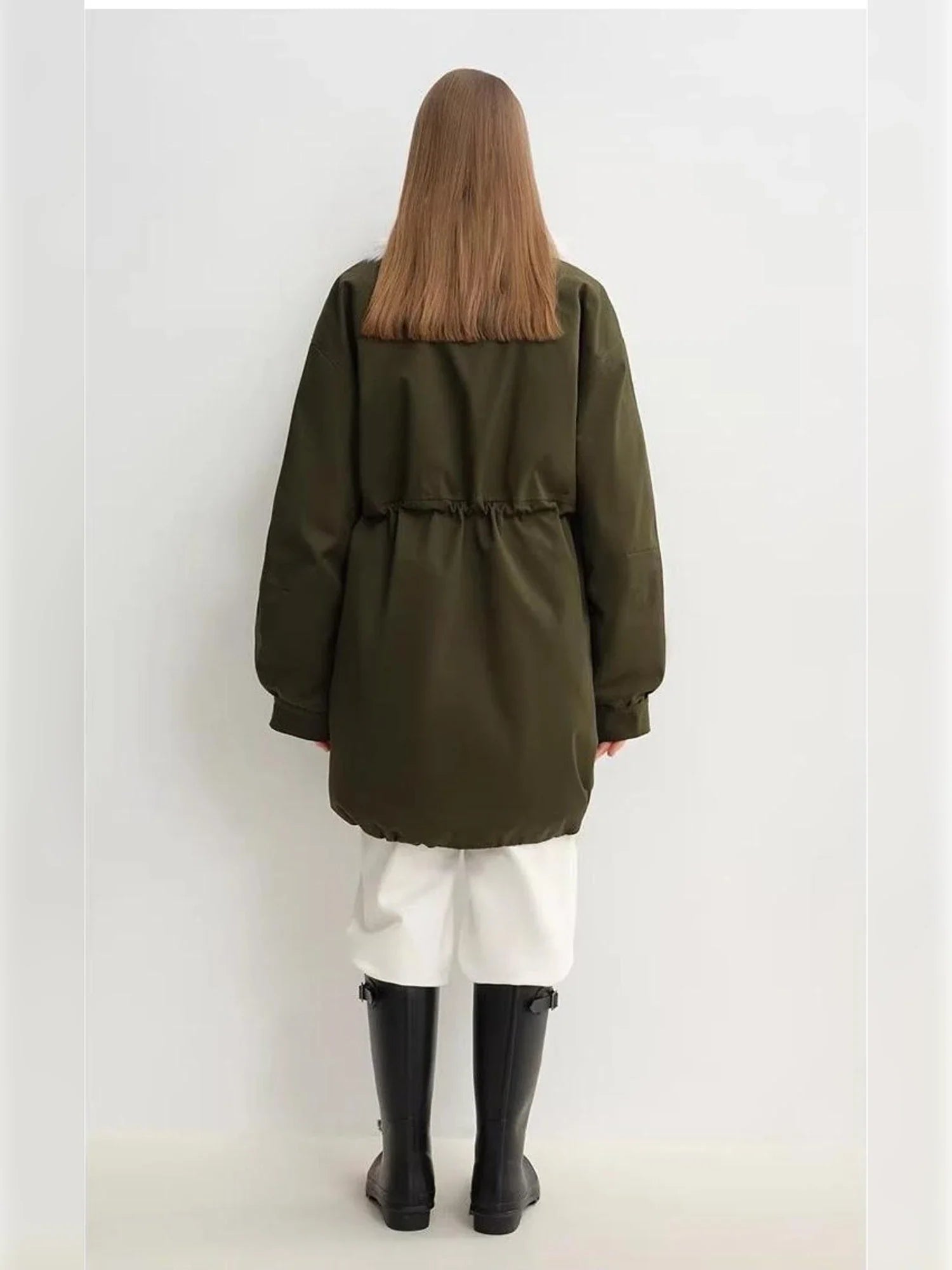 Military green Letrans Wilderness Poem women's down parka back view with adjustable waist
