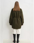 Military green Letrans Wilderness Poem women's down parka back view with adjustable waist