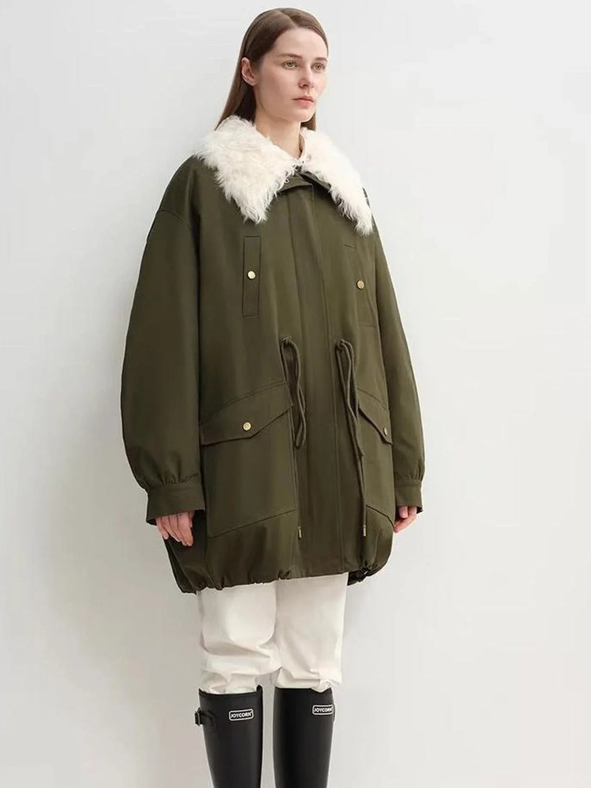 Military green Letrans Wilderness Poem women's down parka side view with detachable wool collar