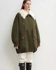 Military green Letrans Wilderness Poem women's down parka side view with detachable wool collar
