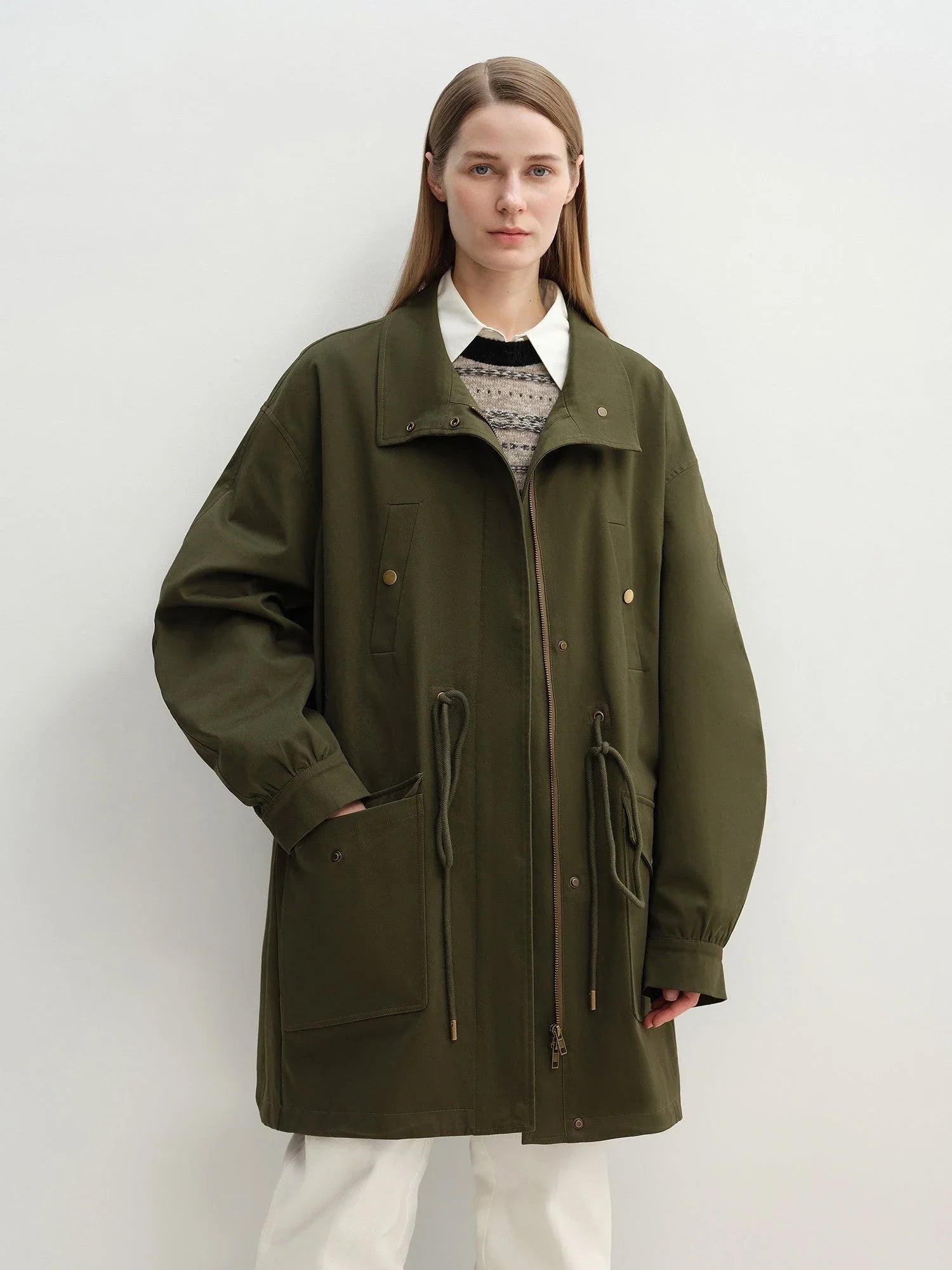 Military green Letrans Wilderness Poem women's 90% goose down parka front styling detail