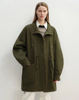 Military green Letrans Wilderness Poem women's 90% goose down parka front styling detail