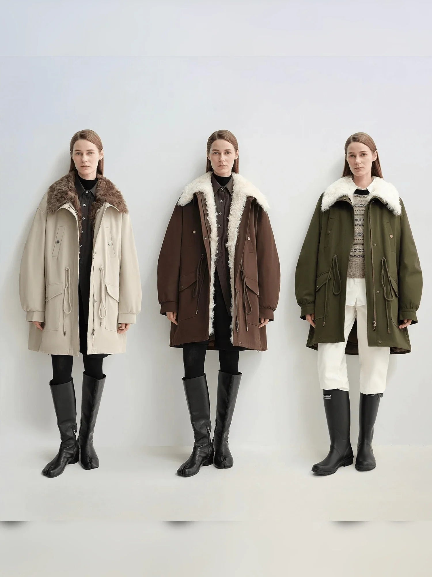 Letrans Wilderness Poem women's down parka color comparison in off-white, coffee, and military green