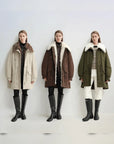 Letrans Wilderness Poem women's down parka color comparison in off-white, coffee, and military green