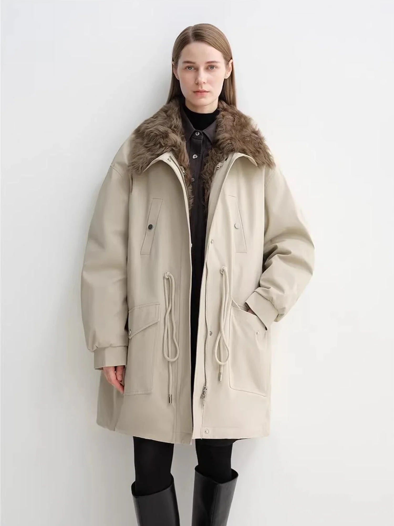 Off-white Letrans Wilderness Poem women's down parka with detachable wool collar worn front view