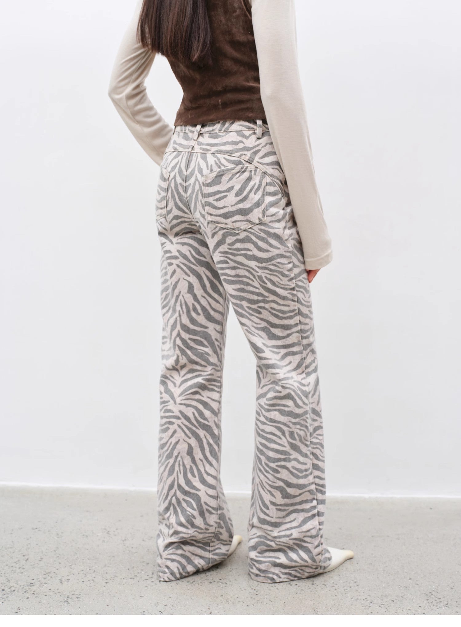 "Wilful Zebra" custom zebra print yeast stone washed low waist flared jeans for women - variant_title