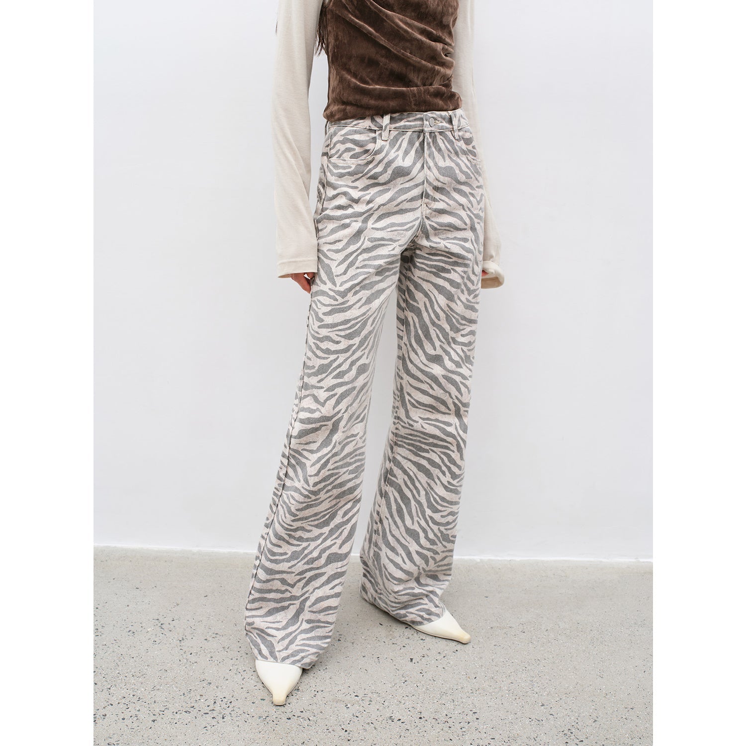 "Wilful Zebra" custom zebra print yeast stone washed low waist flared jeans for women - variant_title