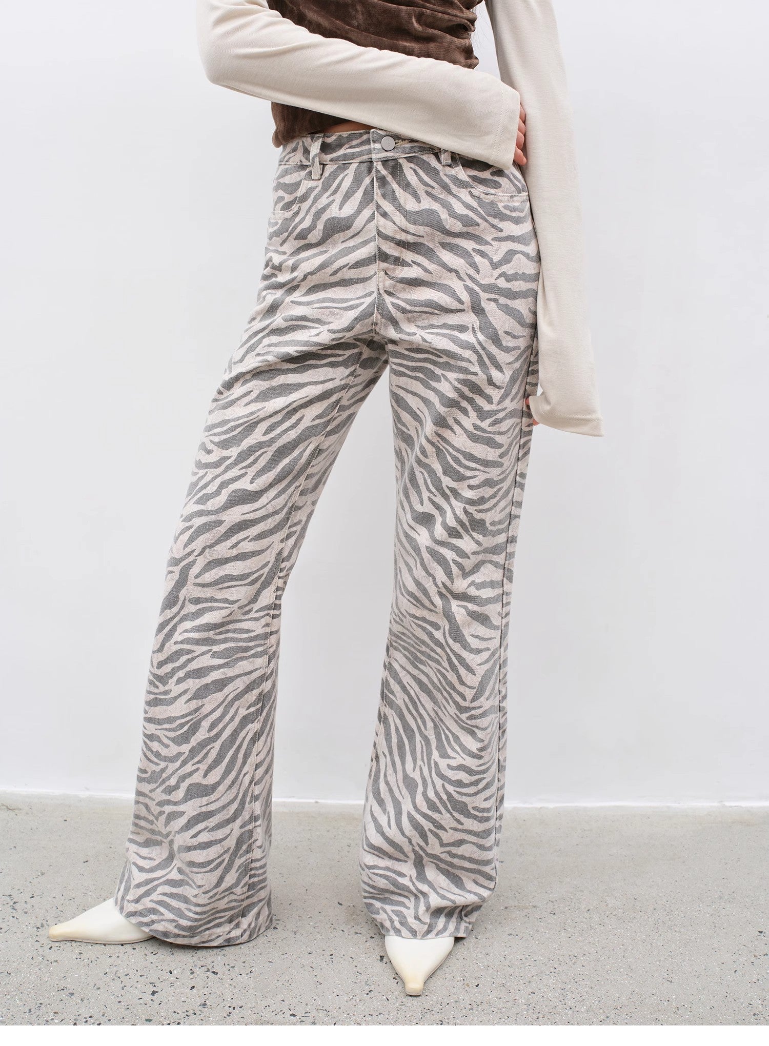 "Wilful Zebra" custom zebra print yeast stone washed low waist flared jeans for women - variant_title