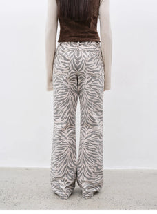 "Wilful Zebra" custom zebra print yeast stone washed low waist flared jeans for women - variant_title