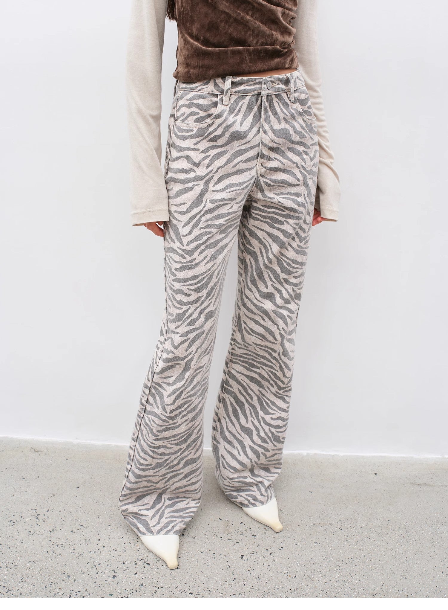 "Wilful Zebra" custom zebra print yeast stone washed low waist flared jeans for women - variant_title