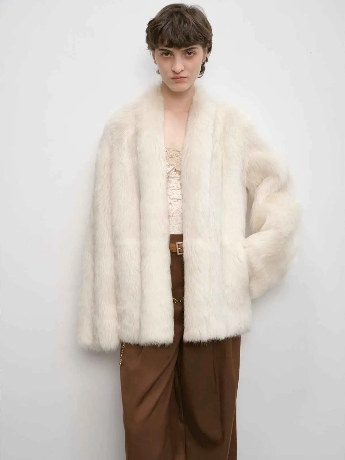 Winter Love Island off-white Toscana shearling coat front model view