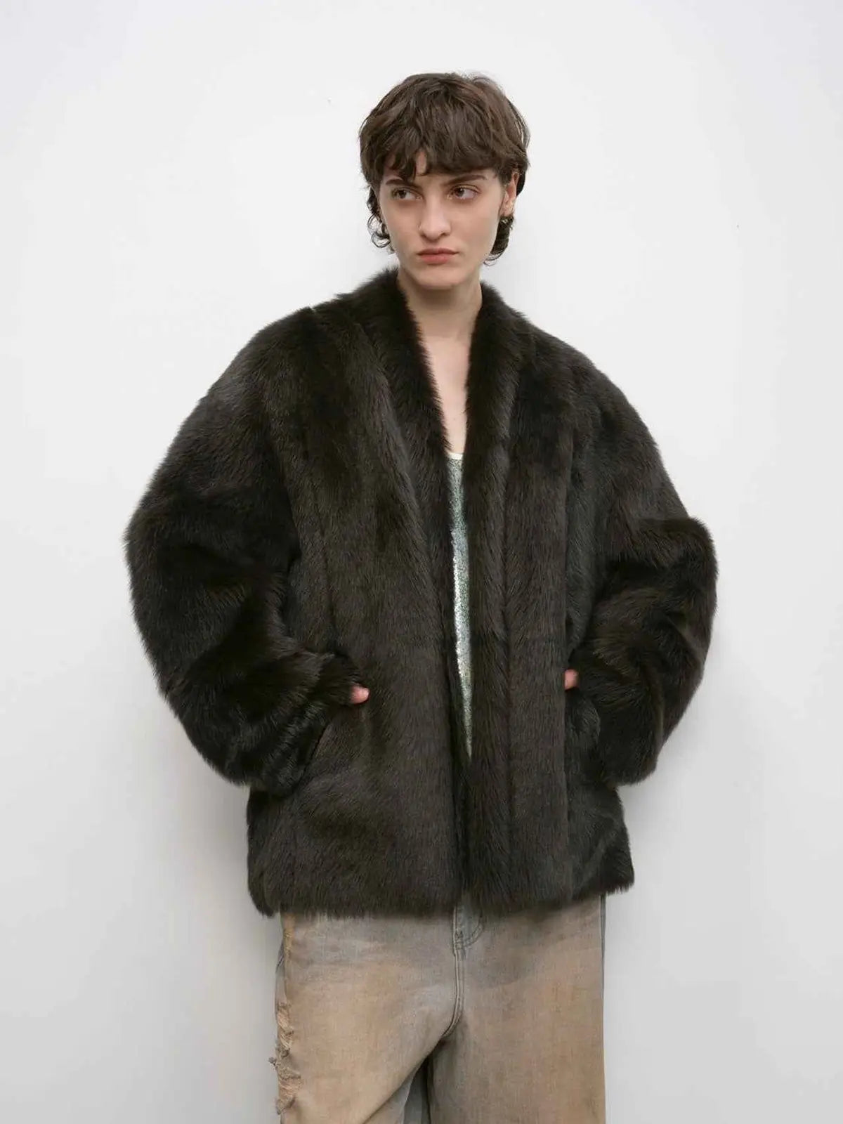Winter Love Island ink gray Toscana shearling coat front model view