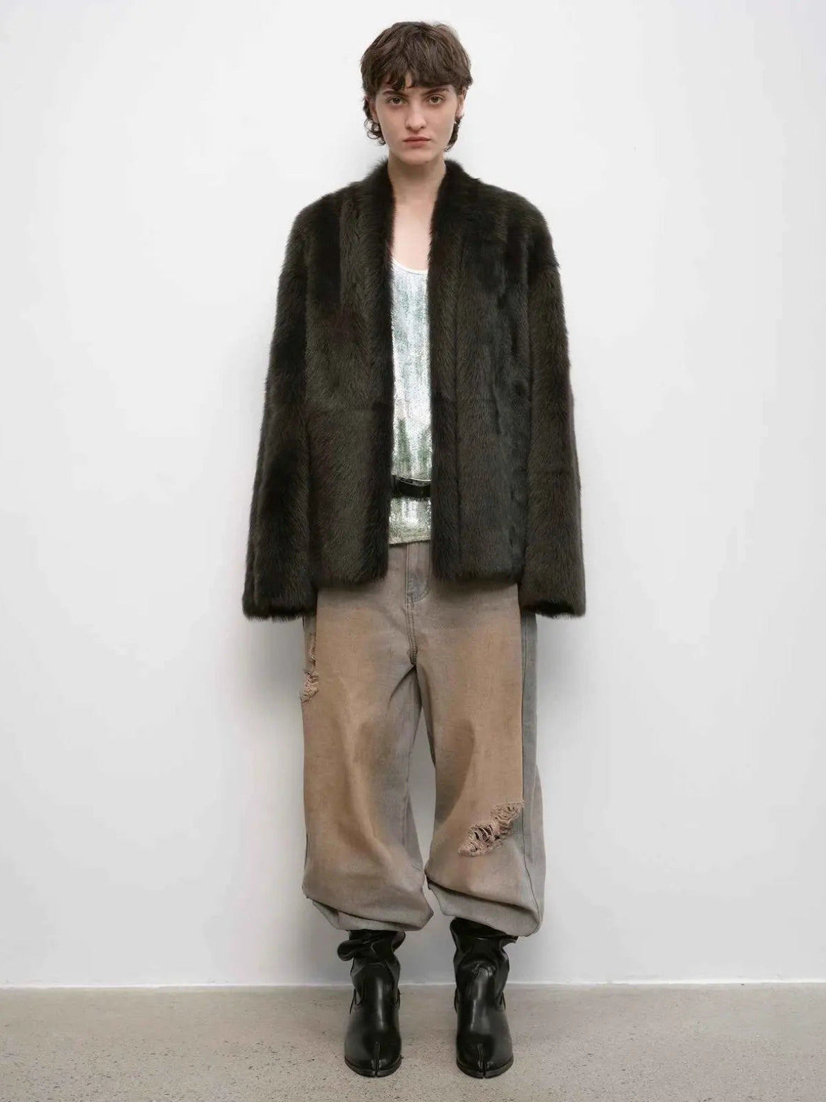 Winter Love Island ink gray long lapel shearling coat full-length model view
