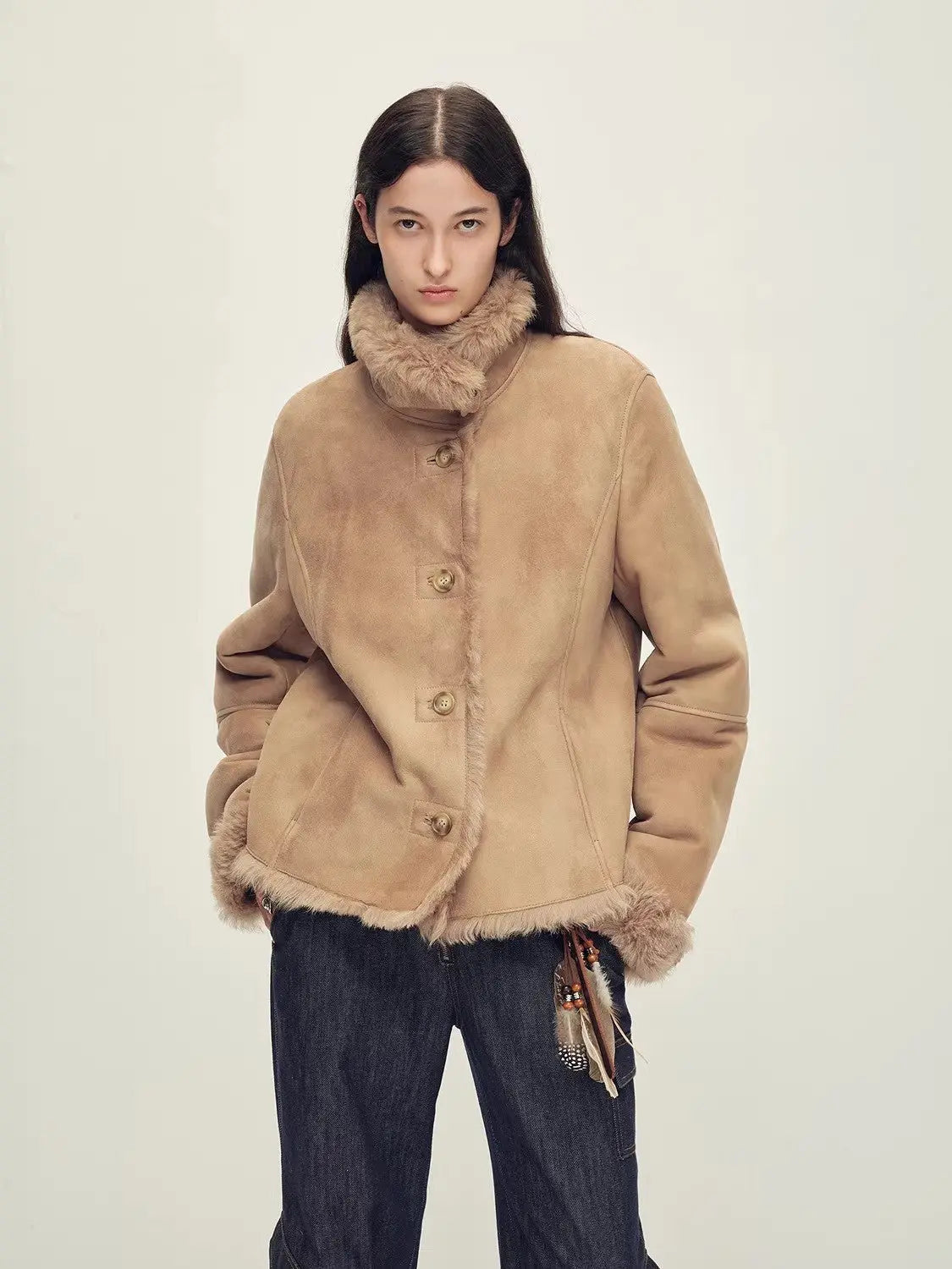 Winter Mochi chestnut milk coffee Toscana shearling coat with raised collar