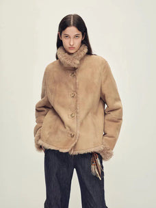 Winter Mochi chestnut milk coffee Toscana shearling coat with raised collar