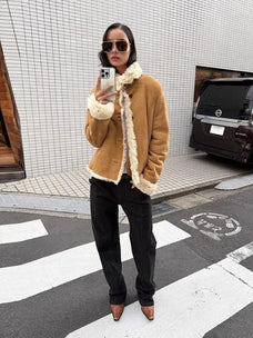 Winter Mochi tea apricot Toscana shearling coat street-style view