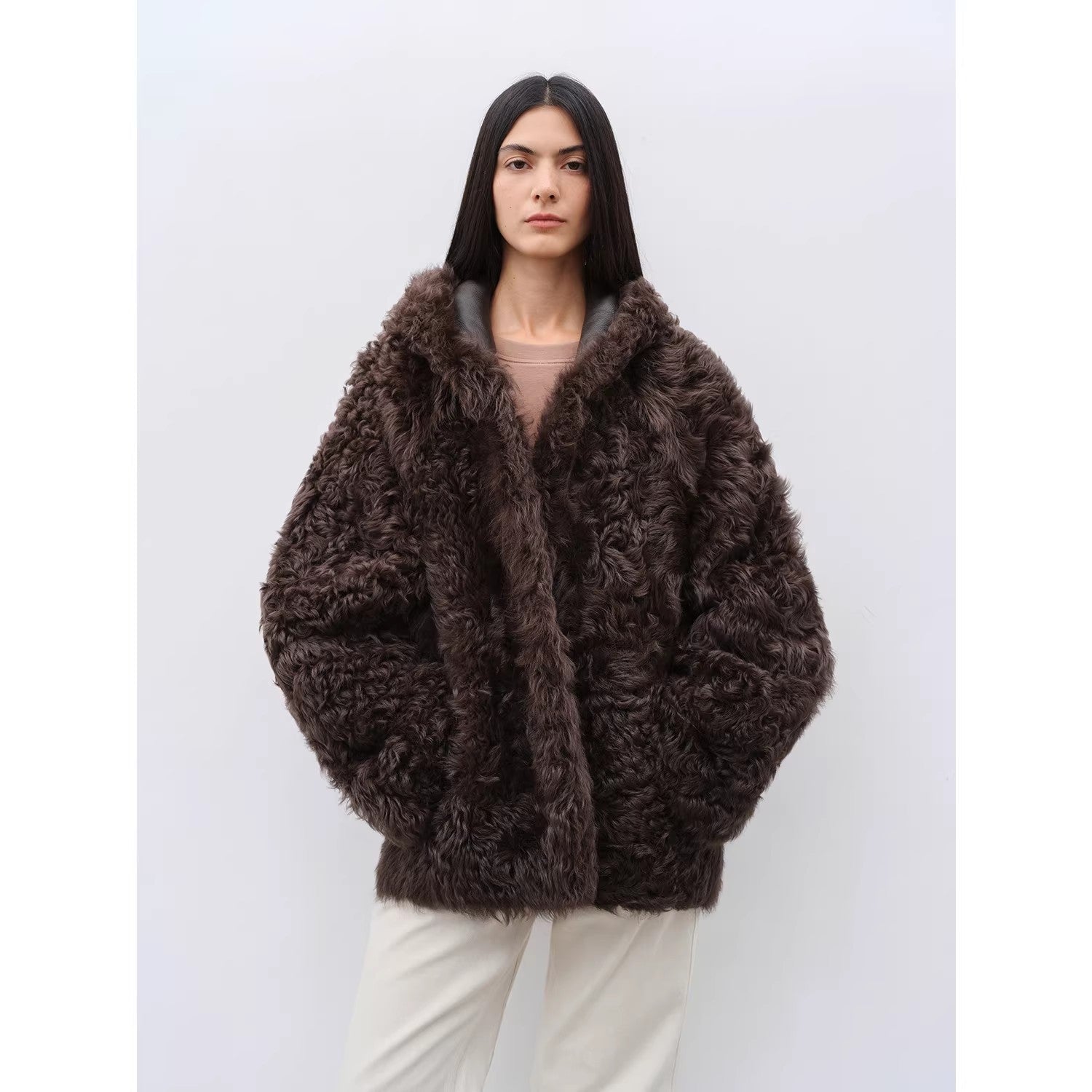 "Winter Snow" lazy silhouette hooded Toscana curly Shearing Coat winter