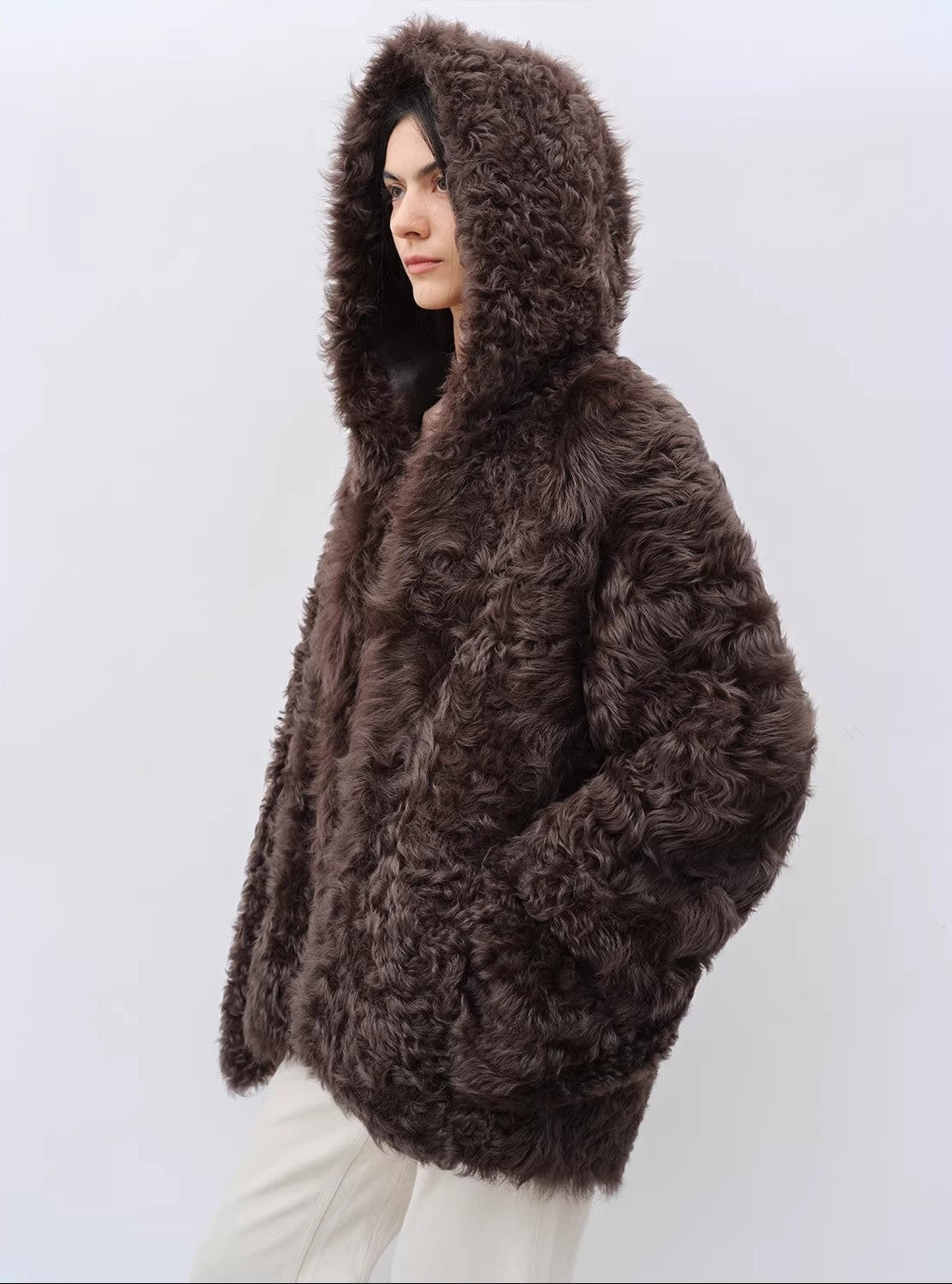 "Winter Snow" lazy silhouette hooded Toscana curly Shearing Coat winter