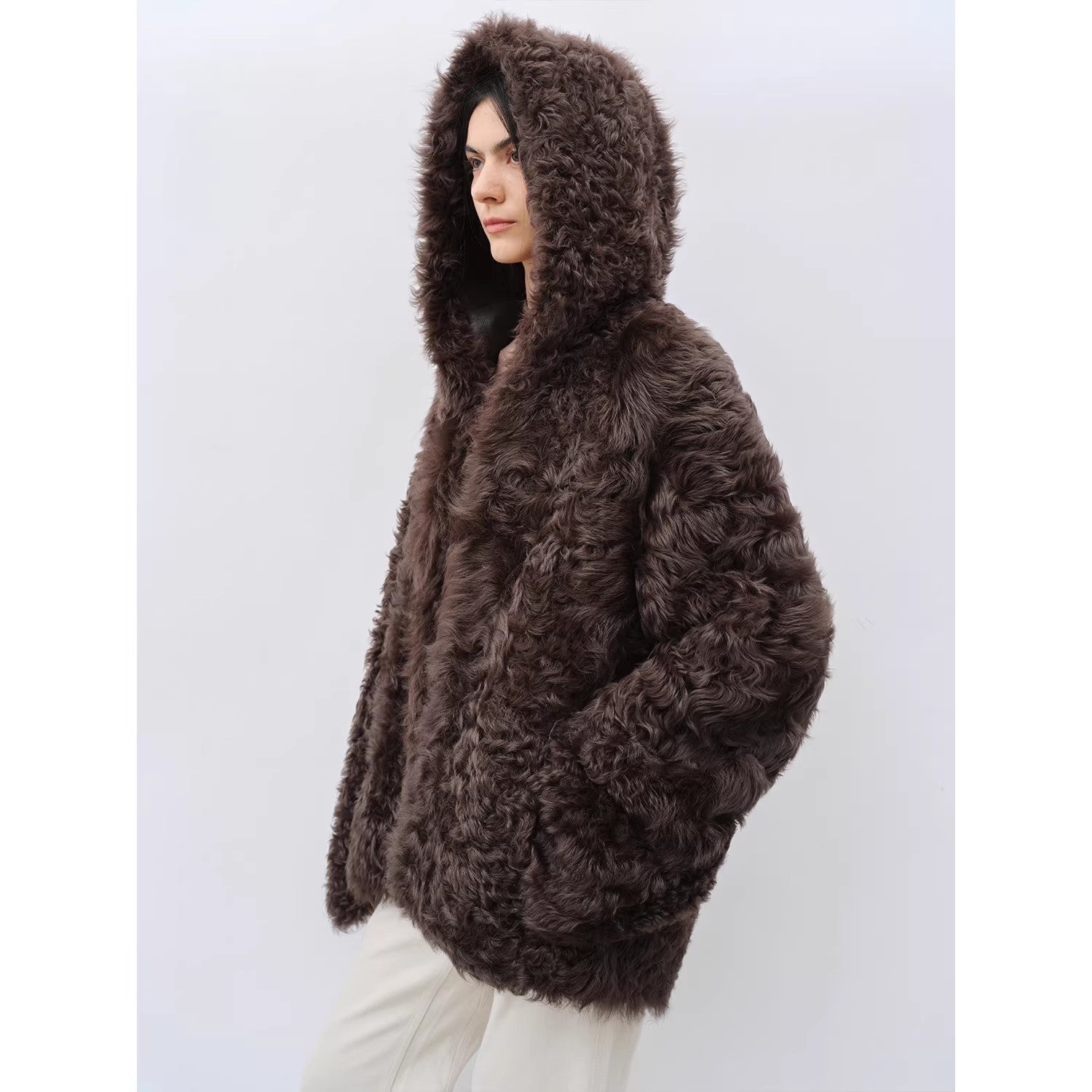"Winter Snow" lazy silhouette hooded Toscana curly Shearing Coat winter