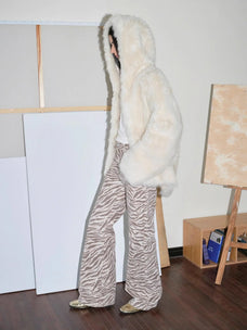Winter Snow off-white hooded curly shearling coat, full-length side view