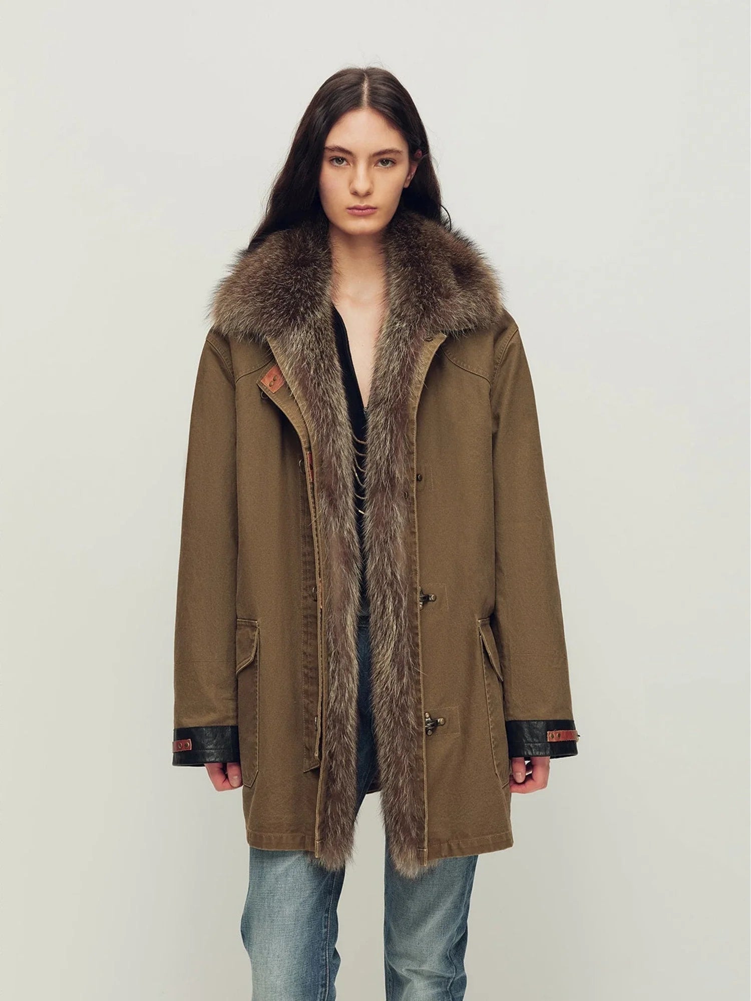 Firelady Winter Street Lights dark brown down parka with detachable fur trim front view
