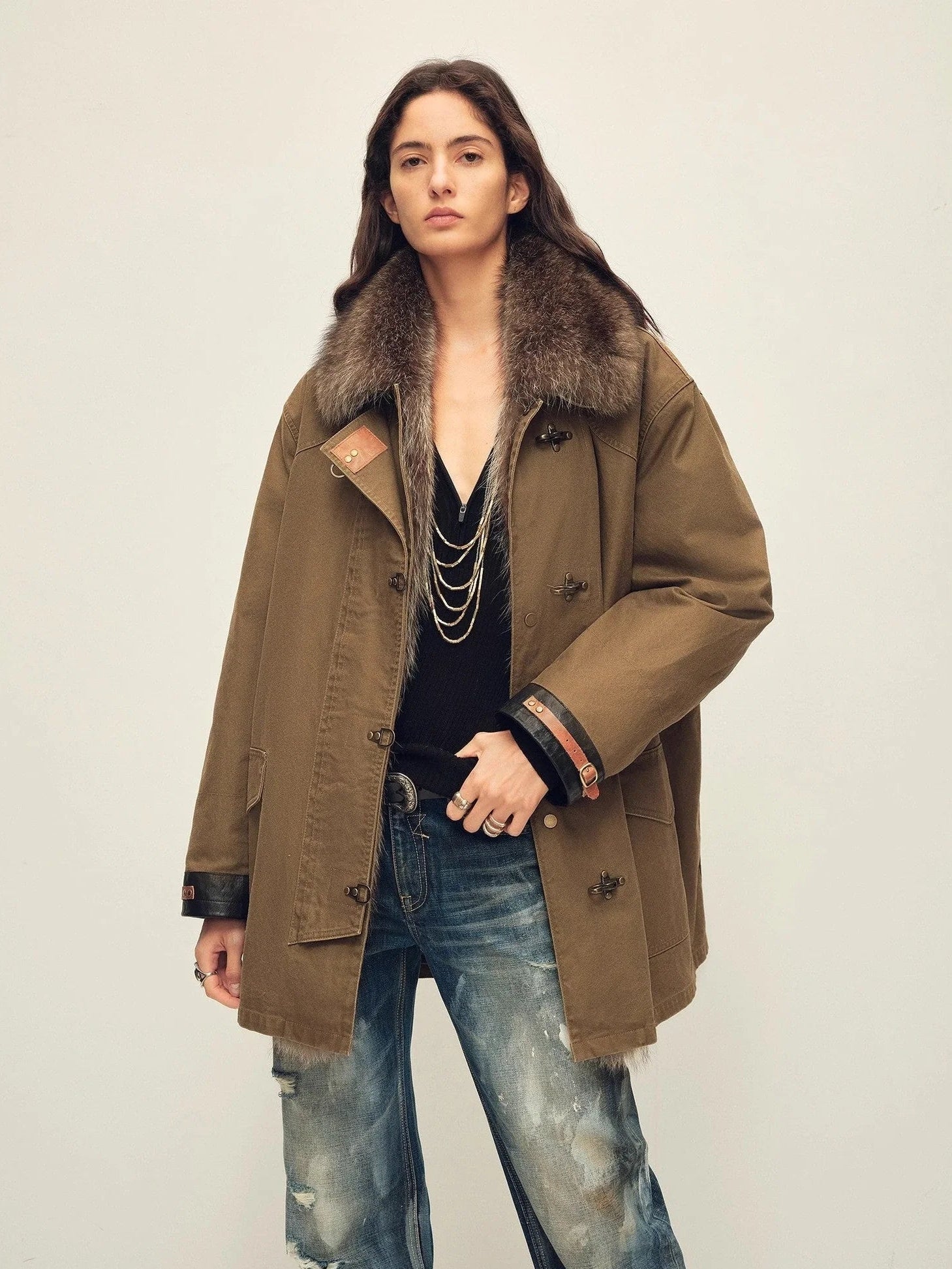 Firelady Winter Street Lights dark brown fur trim down parka front model view