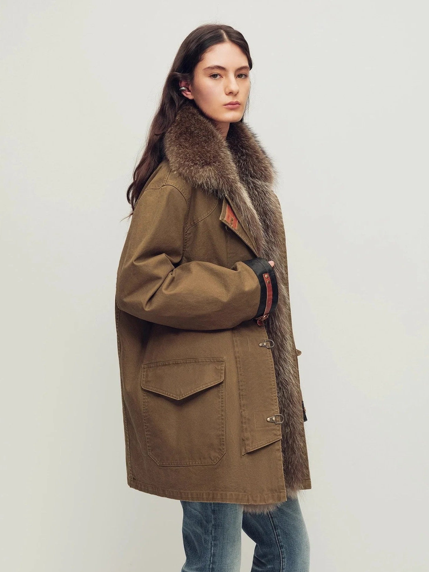 Firelady Winter Street Lights dark brown detachable fur trim parka side view