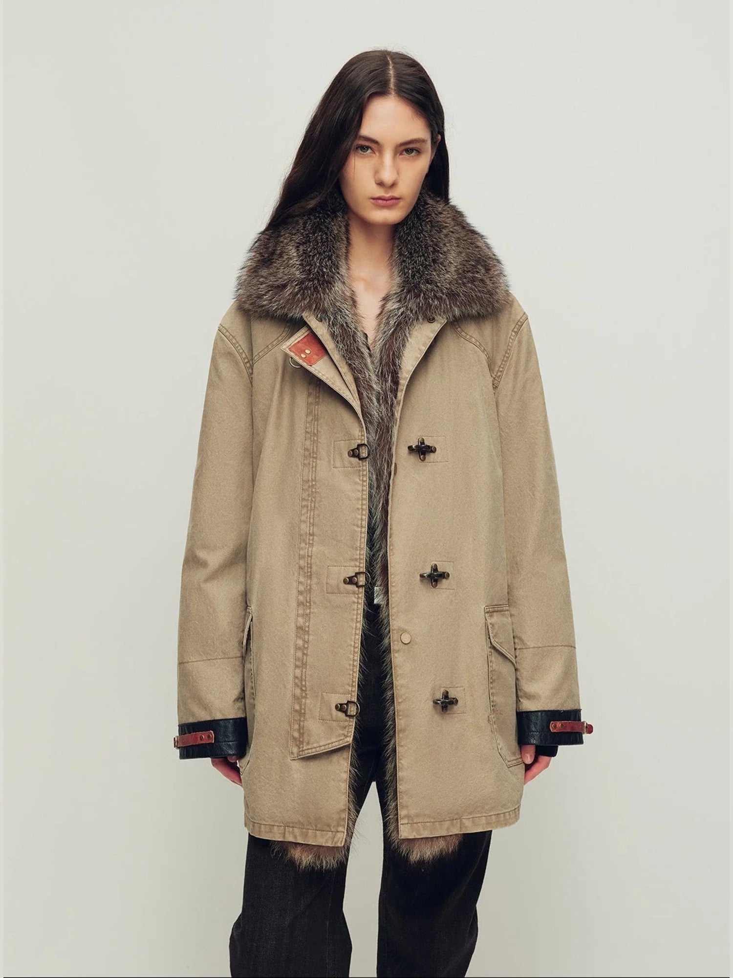 Firelady Winter Street Lights khaki down parka with detachable fur trim front view