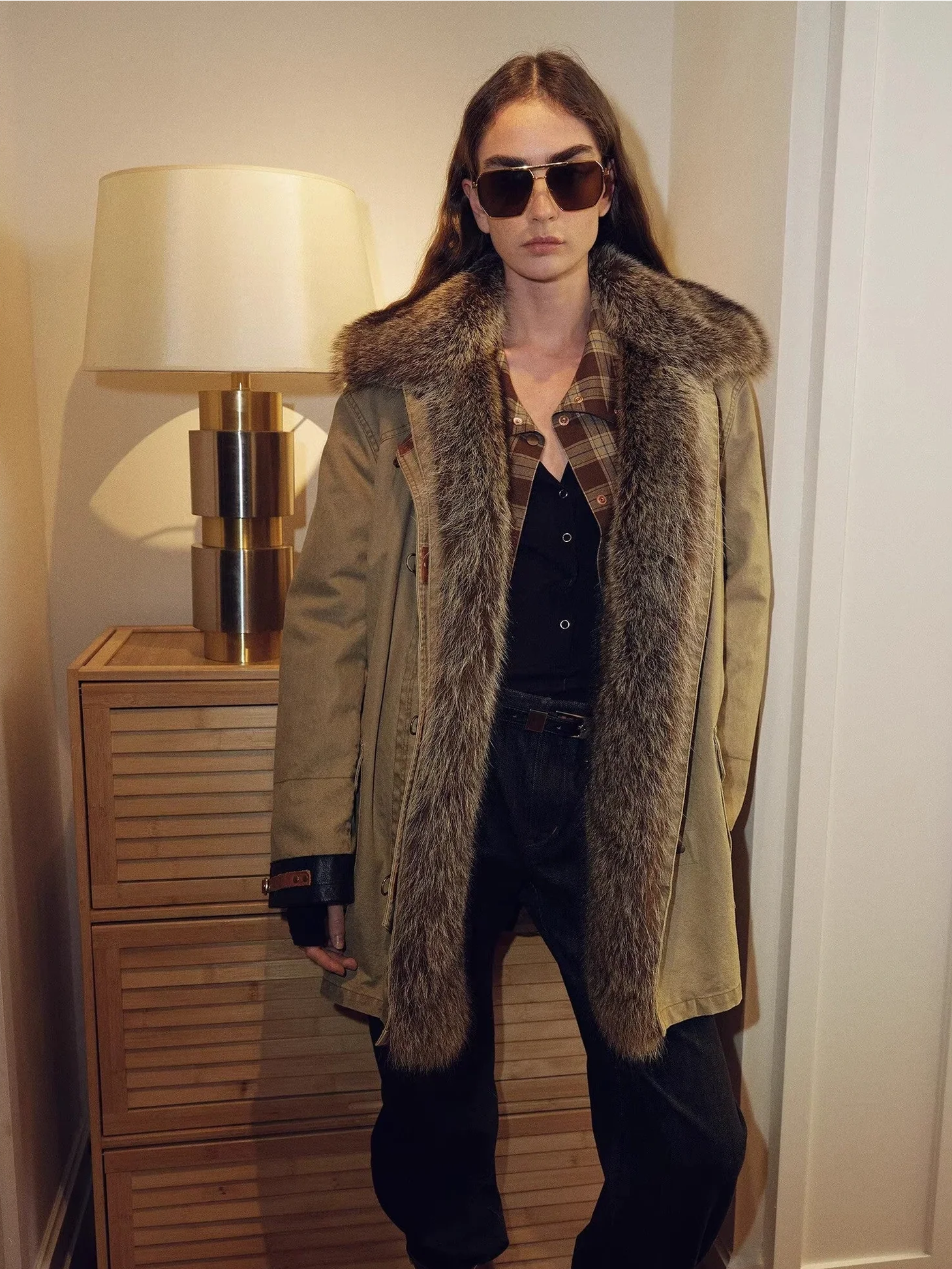 Firelady Winter Street Lights khaki parka indoor styling with detachable fur trim