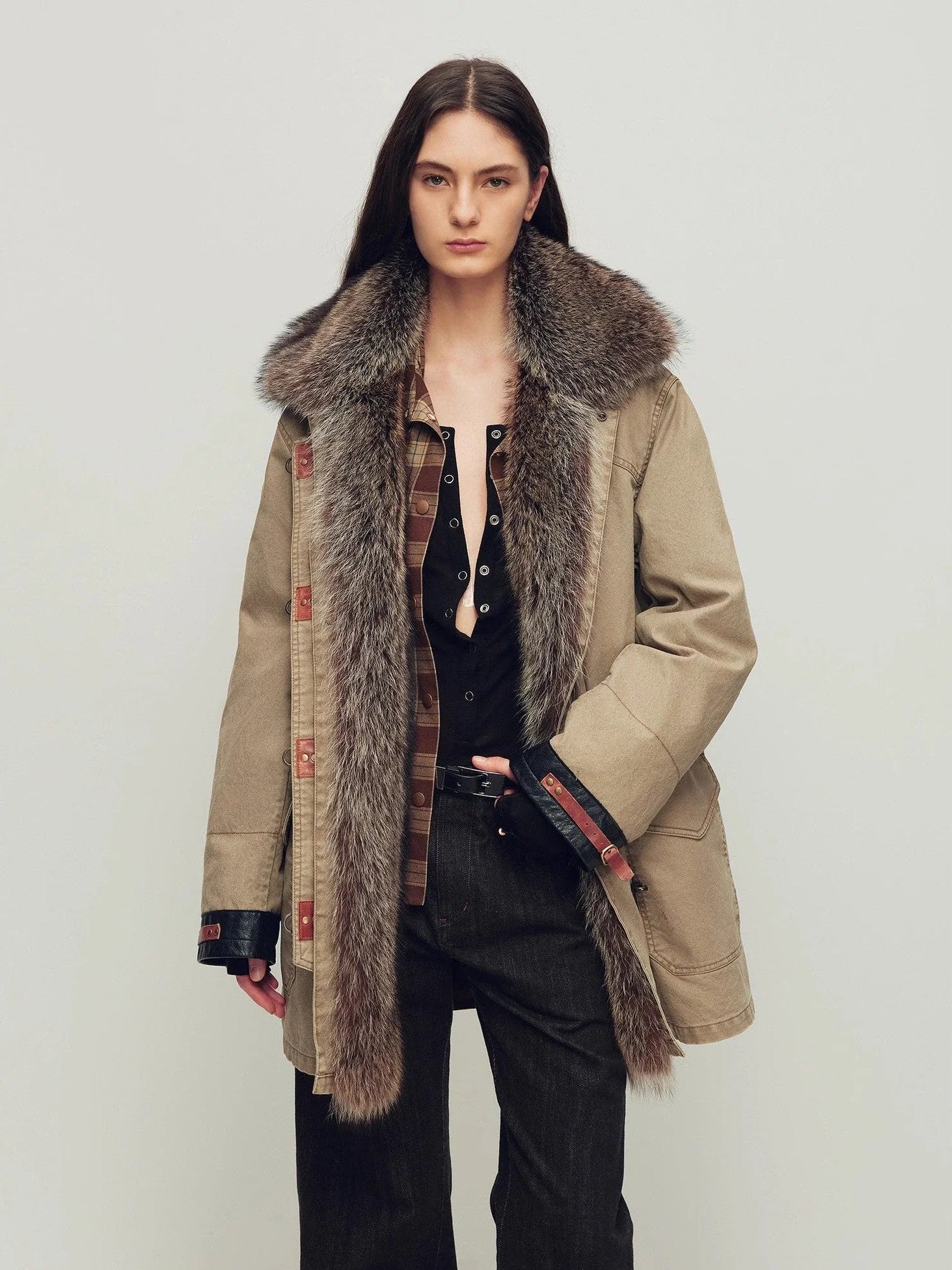 Firelady Winter Street Lights khaki fur trim down parka front model view