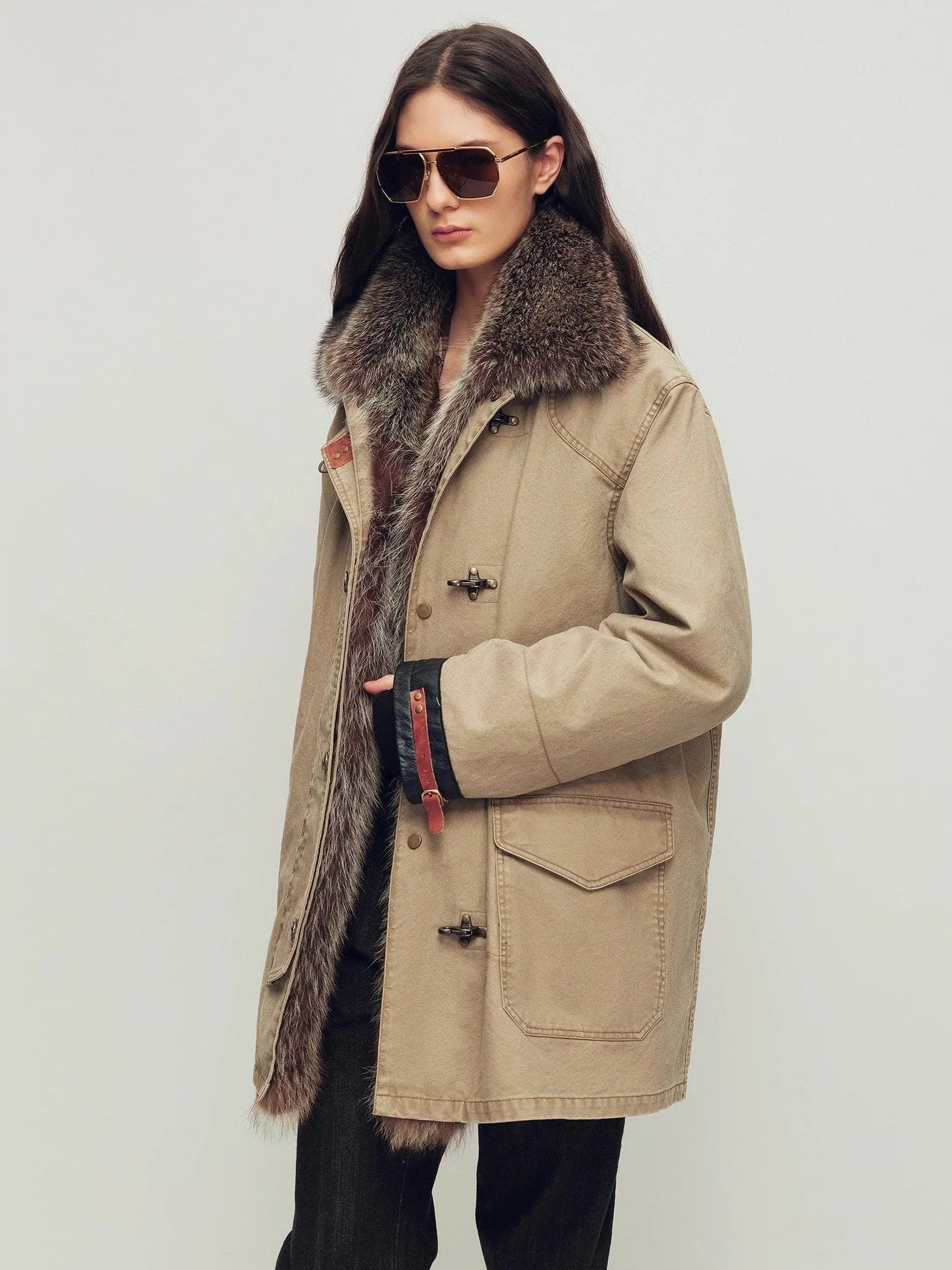Firelady Winter Street Lights khaki parka side view with detachable fur trim