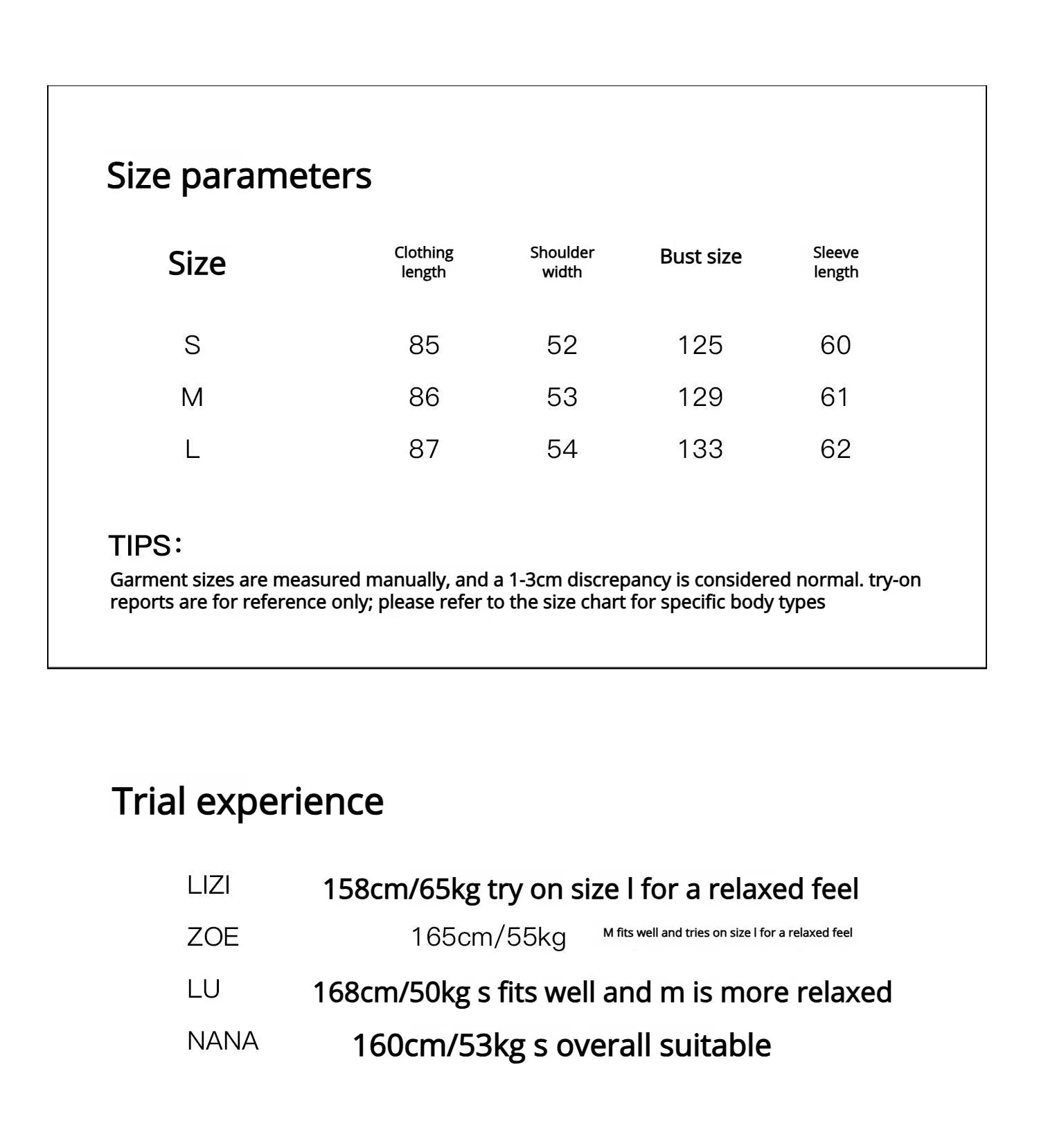 Firelady Winter Street Lights parka size chart and model fit guide