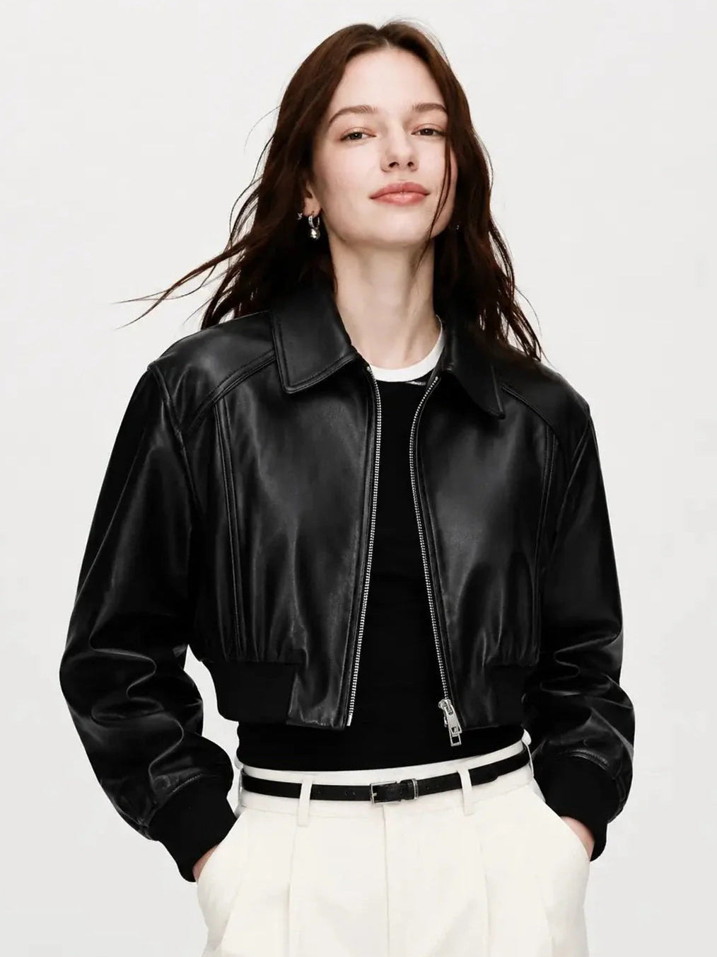 Witch Game vintage washed leather bomber jacket - Black front model view