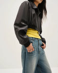 Witch Game vintage washed leather bomber jacket - Black side model detail