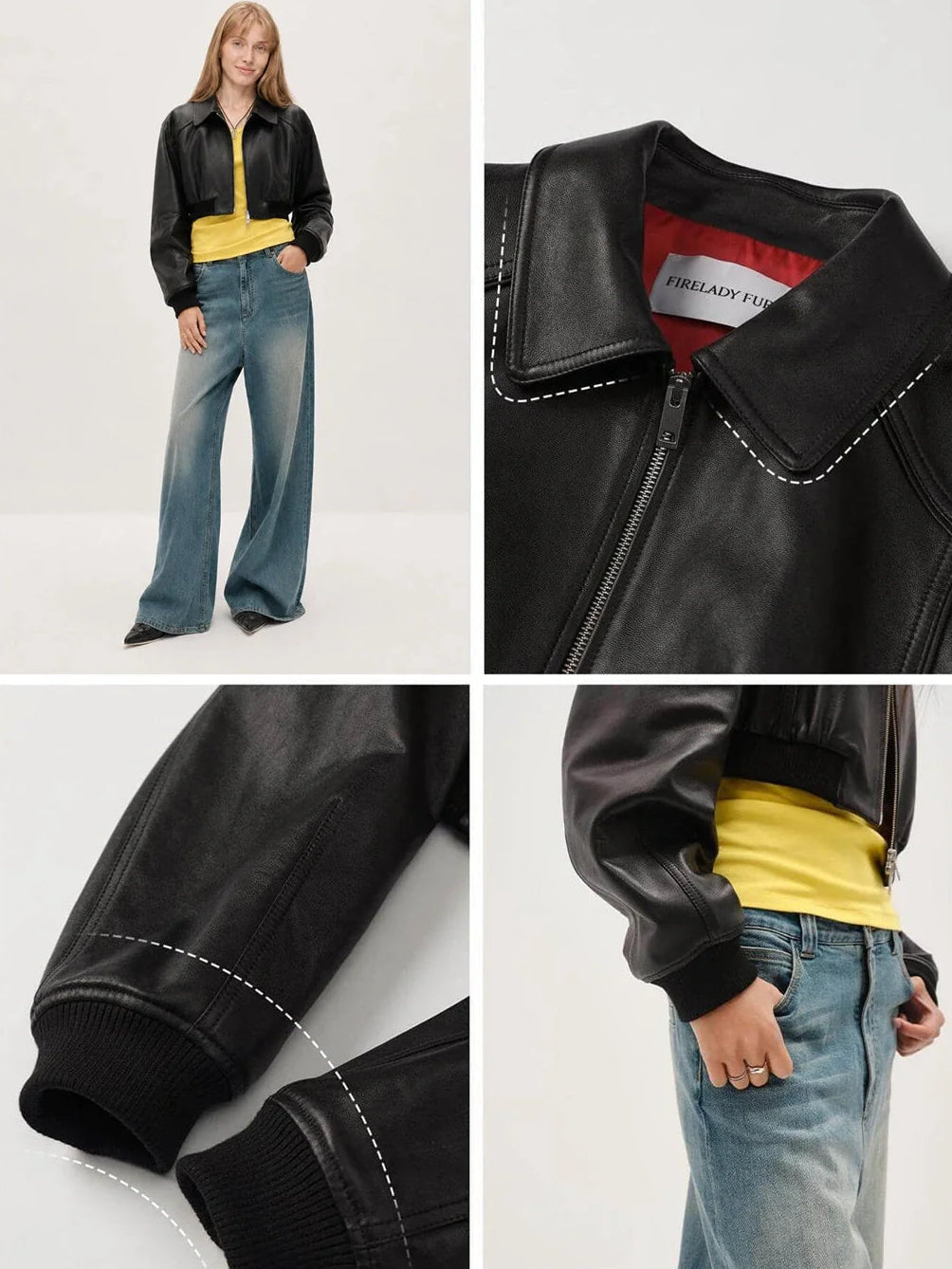 Witch Game vintage washed leather bomber jacket - collar and cuff details