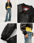 Witch Game vintage washed leather bomber jacket - collar and cuff details