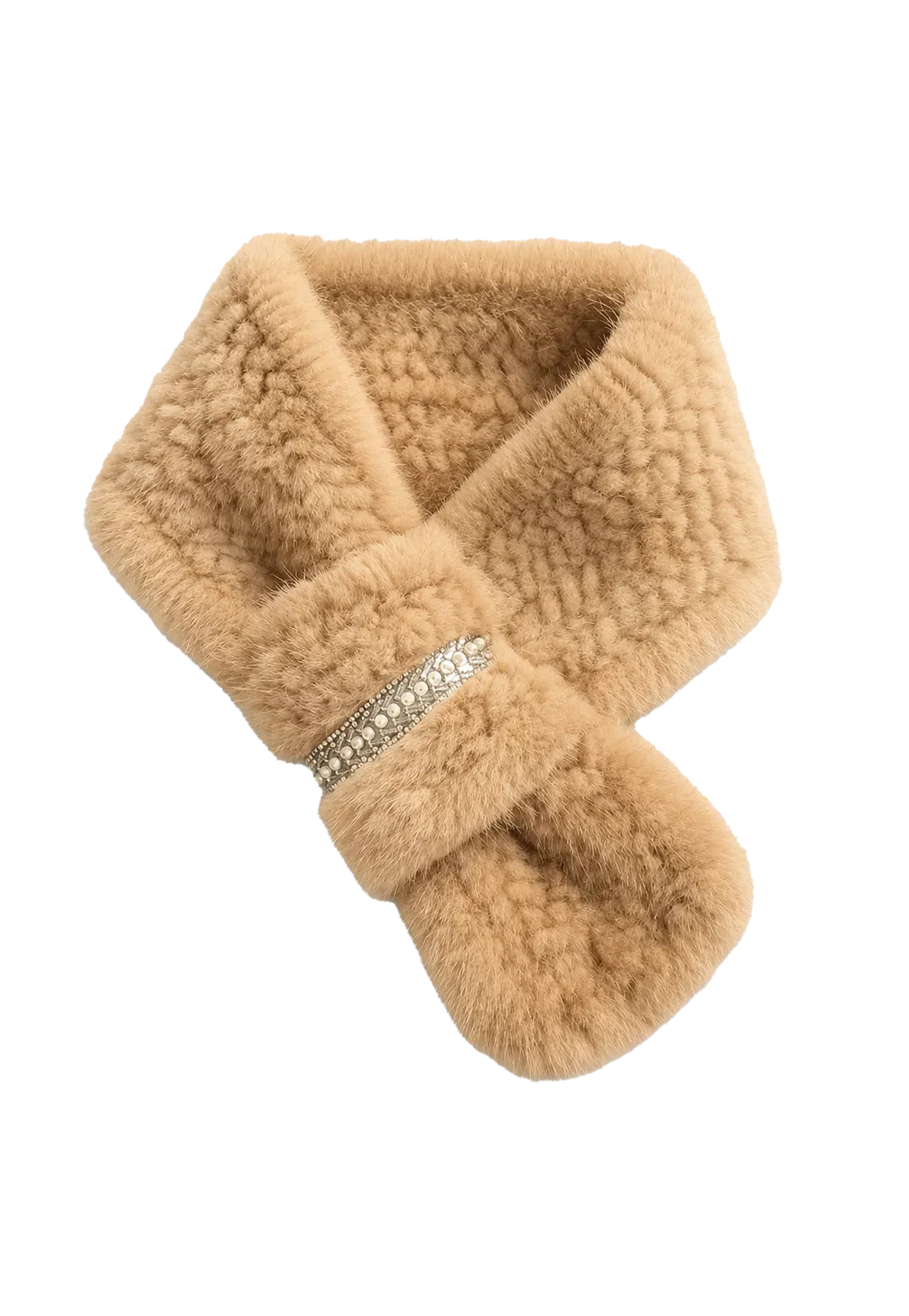 Apricot rhinestone mink fur scarf for women on transparent background